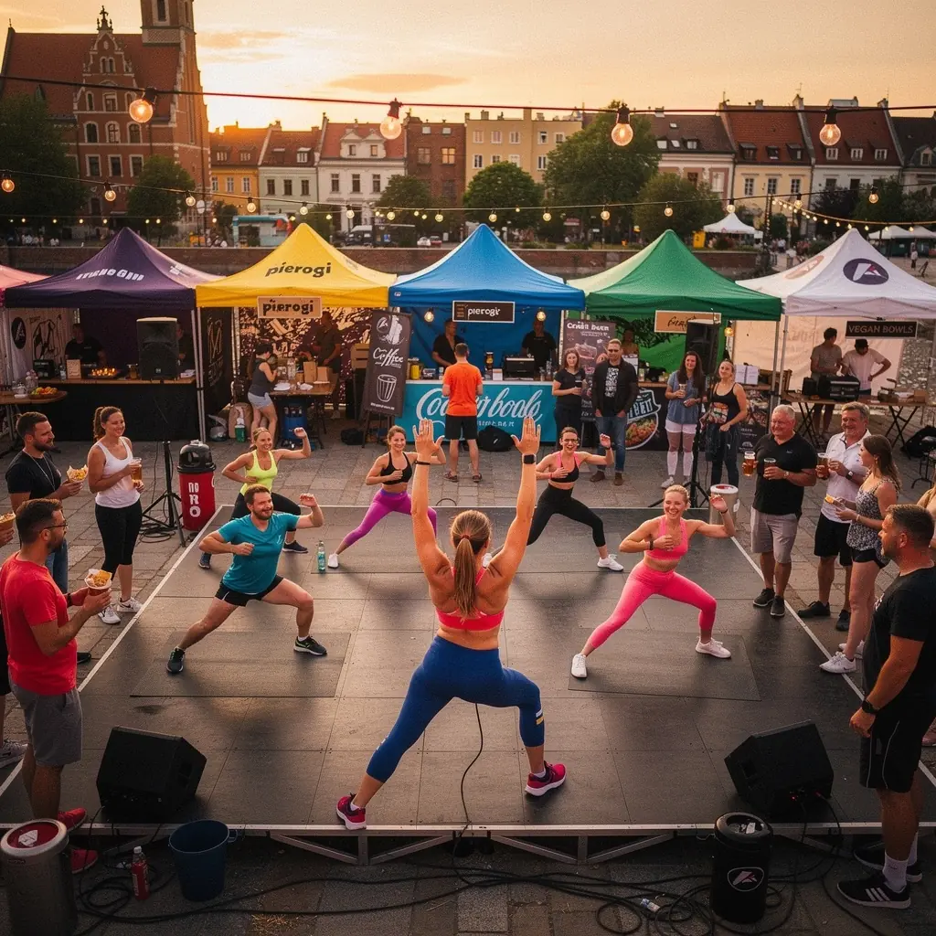 Grupa uczestników wykonujących ćwiczenia interwałowe na macie do jogi.