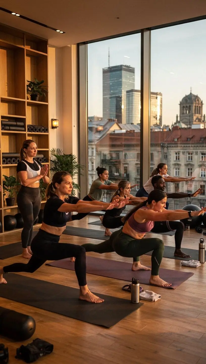 Uczestnicy treningu HIIT wykonują skoki i pozycje jogi na świeżym powietrzu.
