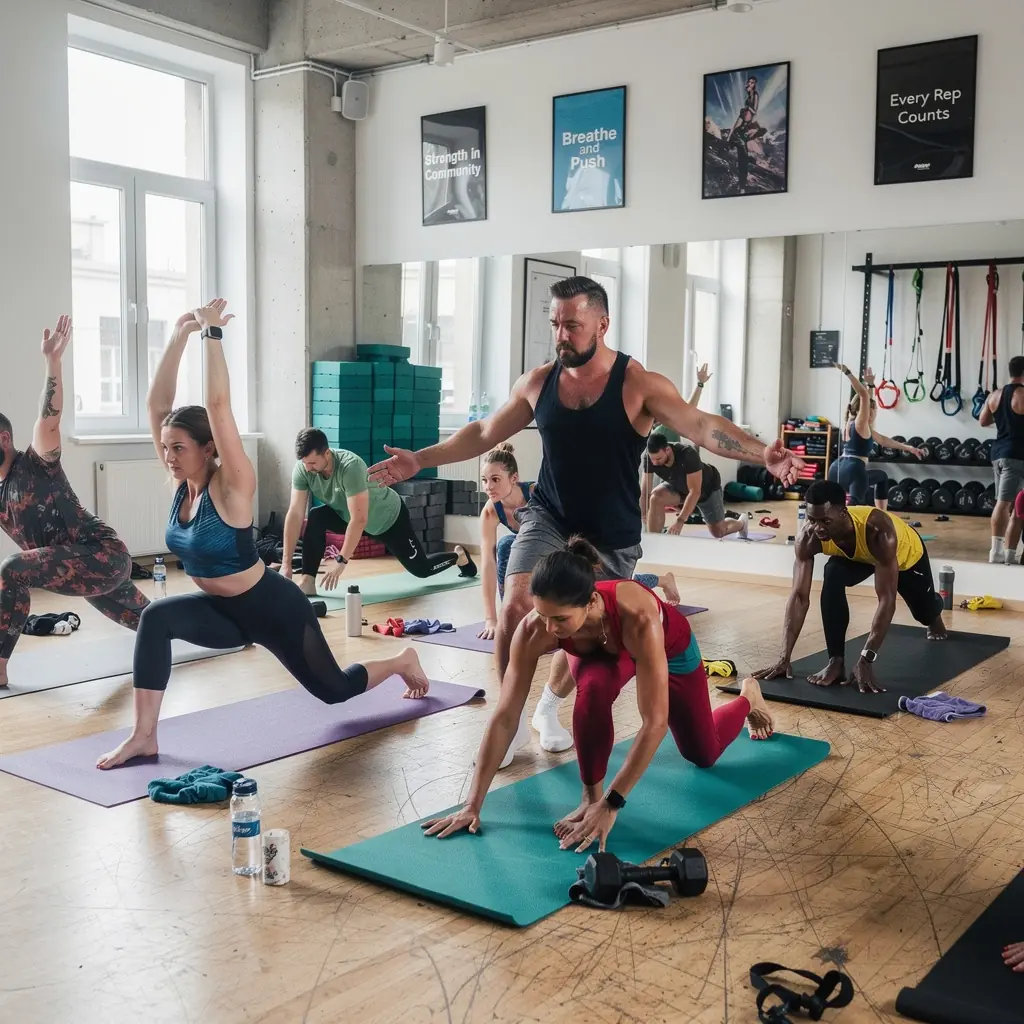 Uczestnicy treningu HIIT wykonują skoki i pozycje jogi na świeżym powietrzu.