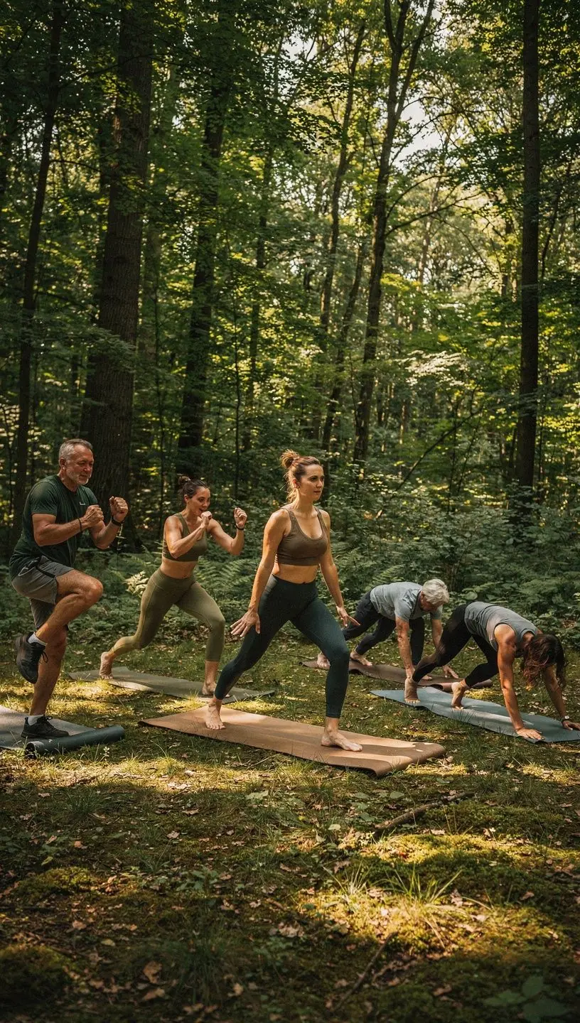 Uczestnicy treningu HIIT wykonują skoki i pozycje jogi na świeżym powietrzu.