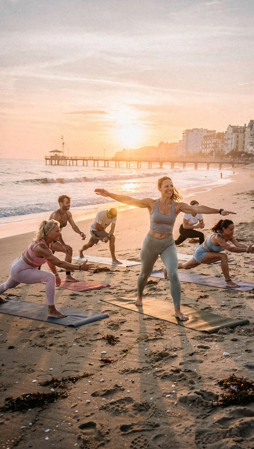 Uczestnicy treningu HIIT wykonują skoki i pozycje jogi na świeżym powietrzu.