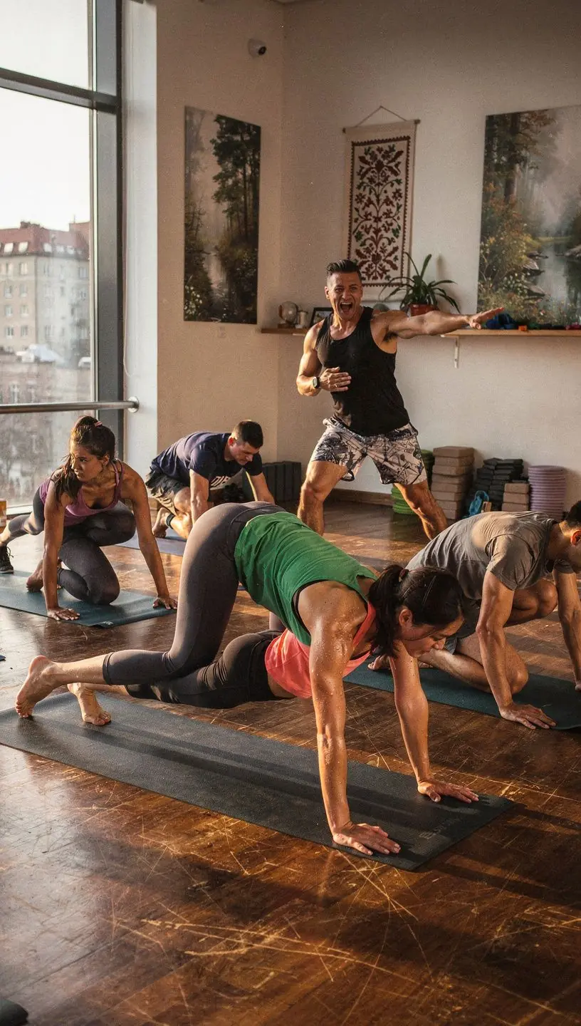 Intensywna sesja jogi z dynamicznymi ćwiczeniami interwałowymi w tle.