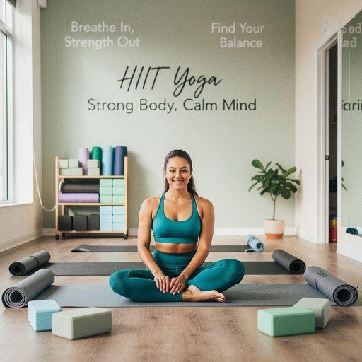 Trener prowadzący sesję HIIT z energicznymi skokami i ruchami jogi.