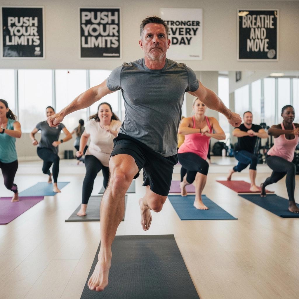 Uczestnicy treningu wykonujący dynamiczne ruchy w rytm energicznej muzyki.